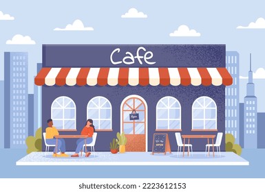 Summer cafe concept. Restaurant or small business with open terrace, comfort and coziness, construction. Poster or banner for website. Couple on romantic date. Cartoon flat vector illustration