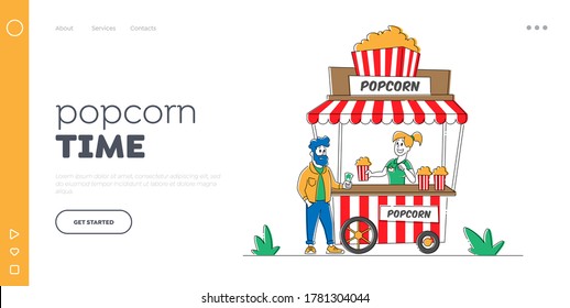 Summer Cafe Landing Page Template. Saleswoman Character Sell Pop Corn in Booth on Street to Customer. Outdoor Cafeteria in Amusement Park. Leisure, Walk Spare Time. Linear People Vector Illustration