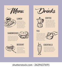 Plantilla de menú de café de verano, ilustraciones de arte de línea