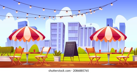 Summer cafe at outdoor terrace, city coffeehouse with wooden tables, chairs and umbrella, plants and chalkboard menu on cityscape view. Street drinks and snacks cafeteria, Cartoon vector illustration