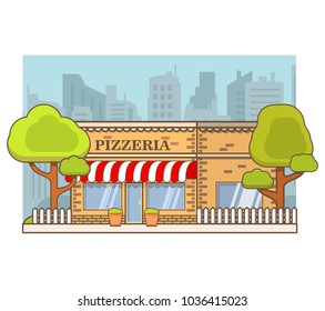 Summer cafe pizzeria. City urban building  tower landscape skyscrapers.  Business shop's facade on street restaurant, trees and bushes. Flat line art vector .Cityscape house exterior.