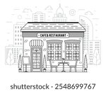 Summer cafe shop with outdoor terrace and table with chairs on modern city background. Street restaurant building facade on downtown skyline in line art design.