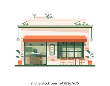 Summer cafe shop with outdoor terrace and table with chairs. Street restaurant building facade in flat design. City constructor element