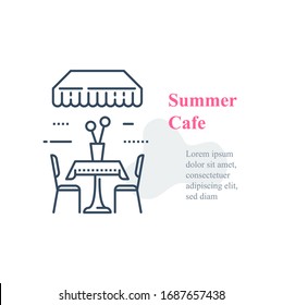 Summer cafe, table and chairs outside in street, eat at restaurant, diner concept, vector line icon
