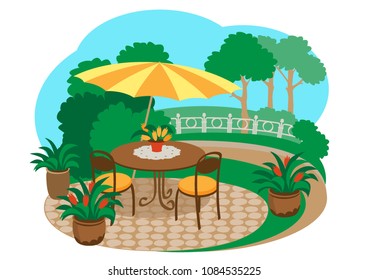 summer cafe. table with chairs and umbrella outdoors. open terrace. vector illustration for restaurant or cafe