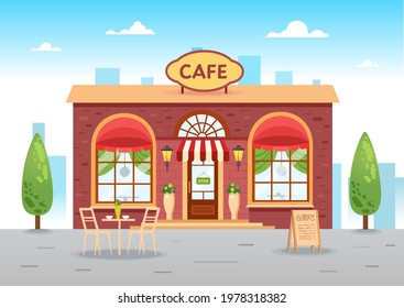 Summer cafe with a table. Stylish coffee shop in the city with a table. Vector flat illustration