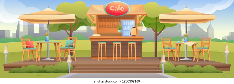 Summer Cafe With Terrace Outdoor Background Scene. Restaurant Outside With Tables Under Umbrellas, Chairs, Bar Counter With Fridge And Menu Vector Illustration. Horizontal Panorama.