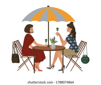 Summer cafe and two girlfriends. Street restaurant. Isolated vector flat illustration