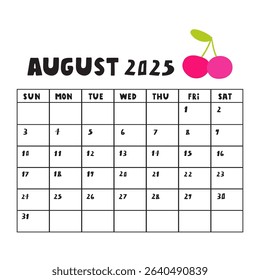 Summer calendar for August 2025. Vector hand drawn illustration on white background.