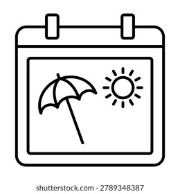 Summer calendar event icon featuring beach umbrella and sun calendar umbrella seasonal vacation datebook reminder
