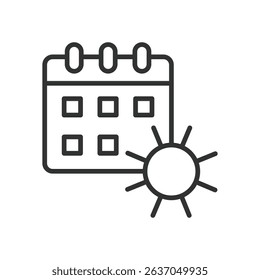 Summer calendar, icon in line design. Summer calendar, planner, schedule, vacation, date, holiday, event on white background vector. Summer calendar editable stroke icon