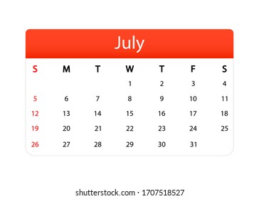 Summer calendar isolated icon. July of 2020 vector month planner. Template of calendar grid in modern style with office diary page. Vector EPS 10.