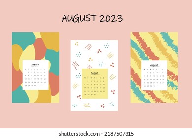 Sommerkalender 2023 Design. Monat August. Legen Sie Kalender 2023 fest. Planer, einfach, Wall Kalender Design, Woche beginnt am Sonntag, Druck, Werbung. Vektorgrafik auf rosafarbenem Hintergrund.