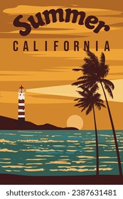 Summer California Lighthouse tower, beacon on tropical seashore ocean with ray of light