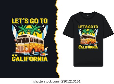 Summer California travel t-shirt design template. Illustration with beach, surfboard, sunrise, palm tree, and sunglass silhouette. this design can be used for kids and other print items.
