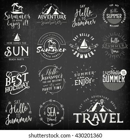 Summer Calligraphic Design Set. White Beach and Mountains Illustrations on Black Background