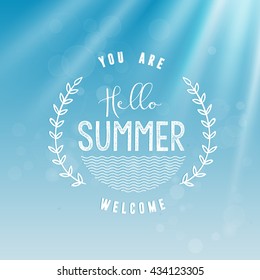 Summer Calligraphic Design in Vintage Style Blue Water Background. Greeting Card Illustration