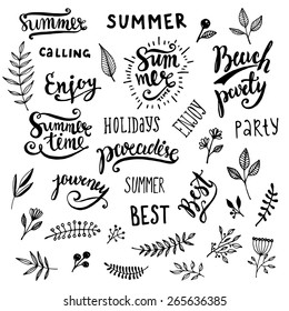 Summer Calligraphic Designs Set with Flowers, Floral Ornaments, Labels and Leaves. Retro Hand Drawn Elements for Summer Holidays Posters, Banners and Flyers. Paradise, Beach Party, Adventure Time