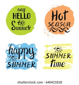 Summer calligraphic design.Vector textured splashes.Hand drawn lettering.Vintage Summer hot season holidays card,sweekend vacation labels,adventure poster