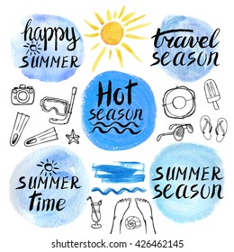 Summer calligraphic design.Vector watercolor blue texture,sun.Retro hand drawn lettering,travel elements.Summer time Holidays season labels,tropical paradise,sea, Travel vacation,adventure,party cards