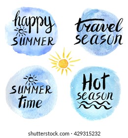 Summer calligraphic design.Vector watercolor blue texture,sun.Retro hand drawn lettering,travel quotes.Holidays season labels