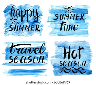 Summer calligraphic design.Vector watercolor blue texture,sun.Retro hand drawn lettering,travel quotes.Holidays season labels,tropical paradise,sea, Travel vacation,adventure,party cards