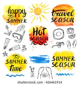 Summer calligraphic design.Vector watercolor bright texture,sun.Retro hand drawn lettering,travel element.Summer time Holidays season labels,tropical paradise,sea, Travel vacation,adventure,party card