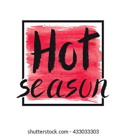 Summer calligraphic design.Vector watercolor red texture.Retro hand drawn lettering.Vintage Summer hot season holidays card,tropical paradise,weekend vacation,adventure poster,Summer time.