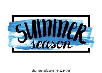 Summer calligraphic design.Vector watercolor sea texture,frame.Retro hand drawn lettering.Vintage summer season holidays card,sea waves,tropical paradise,blue sea, weekend vacation,adventure poster.