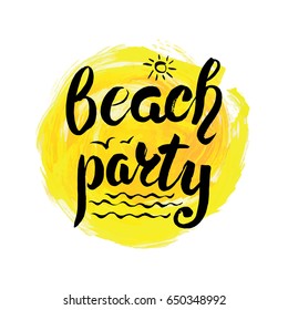 Summer calligraphic design.Vector watercolor sea texture,Beach party lettering.Retro hand drawn,Summer hot season holidays card