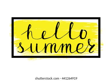 Summer calligraphic design.Vector watercolor yellow texture,frame.Retro hand drawn lettering.Vintage Hello summer season holidays card,sunny tropical paradise, weekend vacation,adventure poster.