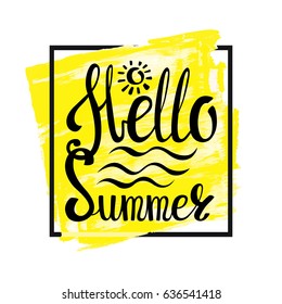 Summer calligraphic design.Vector watercolor yellow sunny texture.Retro hand drawn lettering.Summer hot season holidays card,weekend vacation,adventure poster.Black frame