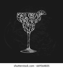Summer calligraphic lettering. Cocktail glass silhouette Isolated vector illustration. Design element for summer season cards, t-shirts, menu illustrations, chalkboard lettering