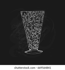 Summer calligraphic lettering. Cocktail glass silhouette Isolated vector illustration. Design element for summer season cards, t-shirts, menu illustrations, chalkboard lettering