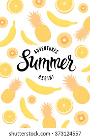 Summer calligraphic retro poster with fruit background. Vector illustration with overlying layer. Eps 10.