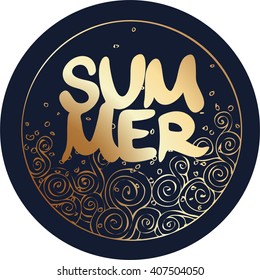 Summer  calligraphic.Vector illustration hand lettering gold poster summer with ornament.Summer season.