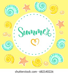Summer calligraphy. Cartoon beach. Vector illustration