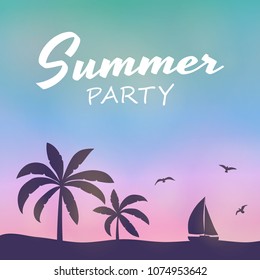 Summer calligraphy. Colourful poster with palm trees and text. Vector.