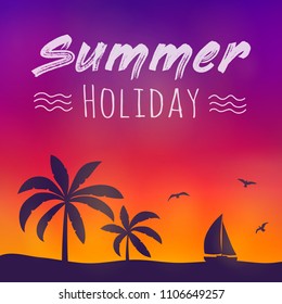 Summer calligraphy. Colourful poster with palm trees and text. Vector.