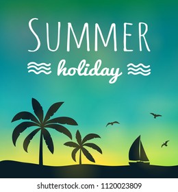 Summer calligraphy. Colourful poster with palm trees and text. Vector.