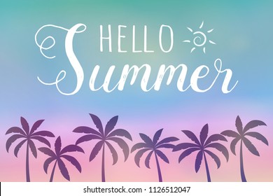 Summer calligraphy. Colourful poster with palm trees and text. Vector.