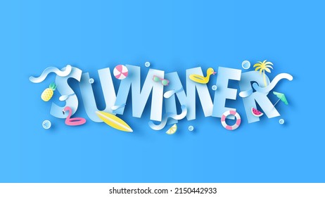 SUMMER calligraphy decorated with beach equipment. Summer vacation. Summer time. paper cut and craft style. vector, illustration.
