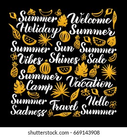 Summer Calligraphy Design. Vector Illustration of Seasonal Lettering over Black.