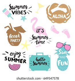 summer calligraphy lettering with summer elements on white background