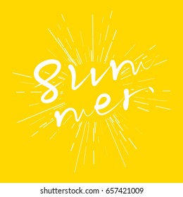 Summer calligraphy lettering inside white sunburst. Hand drawn inscription in flat retro style. Isolated on yellow background. Modern vector summer design for season logo, banner, label, poster.