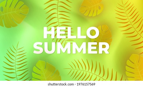 SUMMER calligraphy on a sand background decorated with monstera leaves and coconut leaves. paper cut and craft style. vector, illustration.