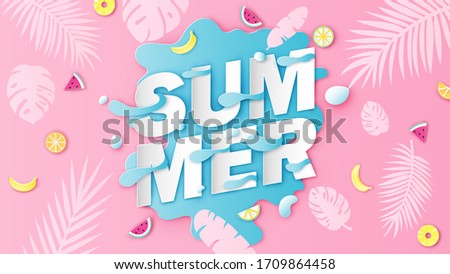 SUMMER calligraphy on sea water splash background decorated with watermelon, lemon, orange, pineapple, banana, monstera leaves and coconut leaves. paper cut and craft style. vector, illustration.