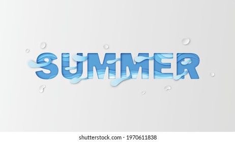 SUMMER calligraphy paper carving with sea paper layers overlapping and water splash. Summer calligraphy. SUMMER text design. paper cut and craft style. vector, illustration.