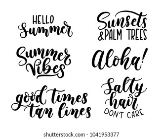 Summer calligraphy set.Big set of summer quotes isolated on white background. Hello Summer. Sunsets and palm trees. Aloha. Summer vibes. Good times tan lines. Salty hair don't care.Vector illustration