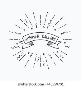 Summer calling. Inspirational vector illustration, motivational quotes typographic poster design in flat style, thin line icons for frame, greeting card, e-mail newsletters, web banners